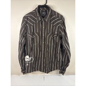 Southern Thread Men’s Brown Pearl Snap Long Sleeve Shirt Western Y2K Skull Wings